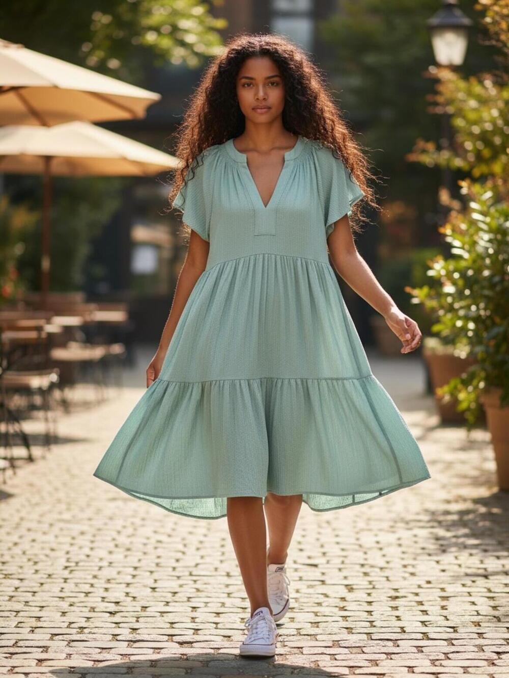 Calvin Klein Mint Green Tiered Flutter Sleeve Dress